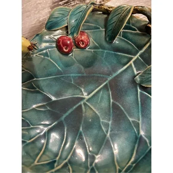 Majolica Pottery Footed Green Cabbage Leaf Bowl w/ Bird & Cherries EUC
